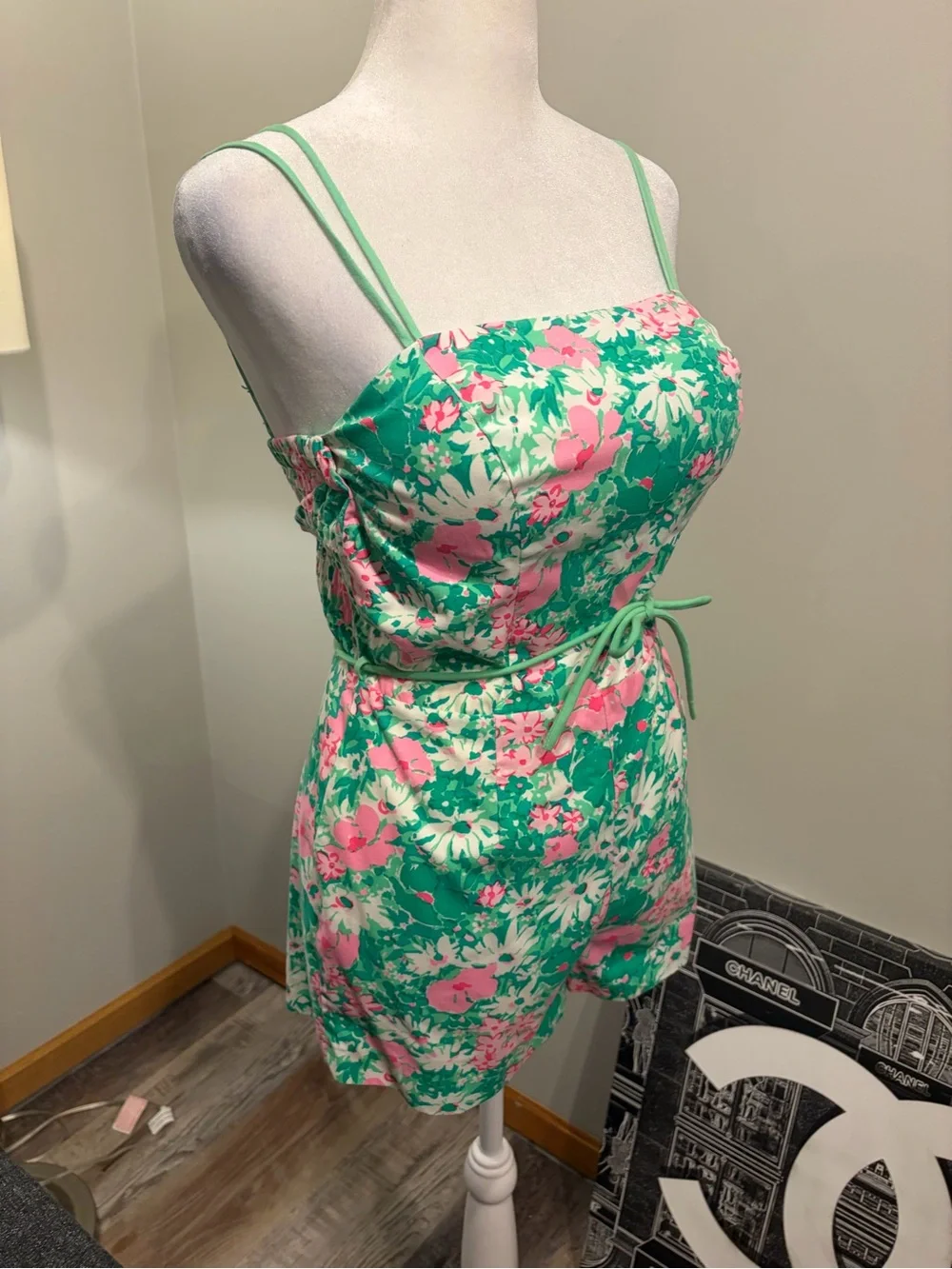 Floral Green & Pink Tie-Waist Romper - Picture 2 of 13